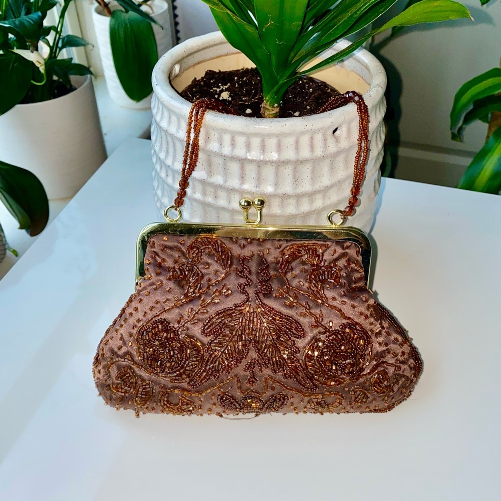 La Regale Vintage Brown Beaded Small Purse